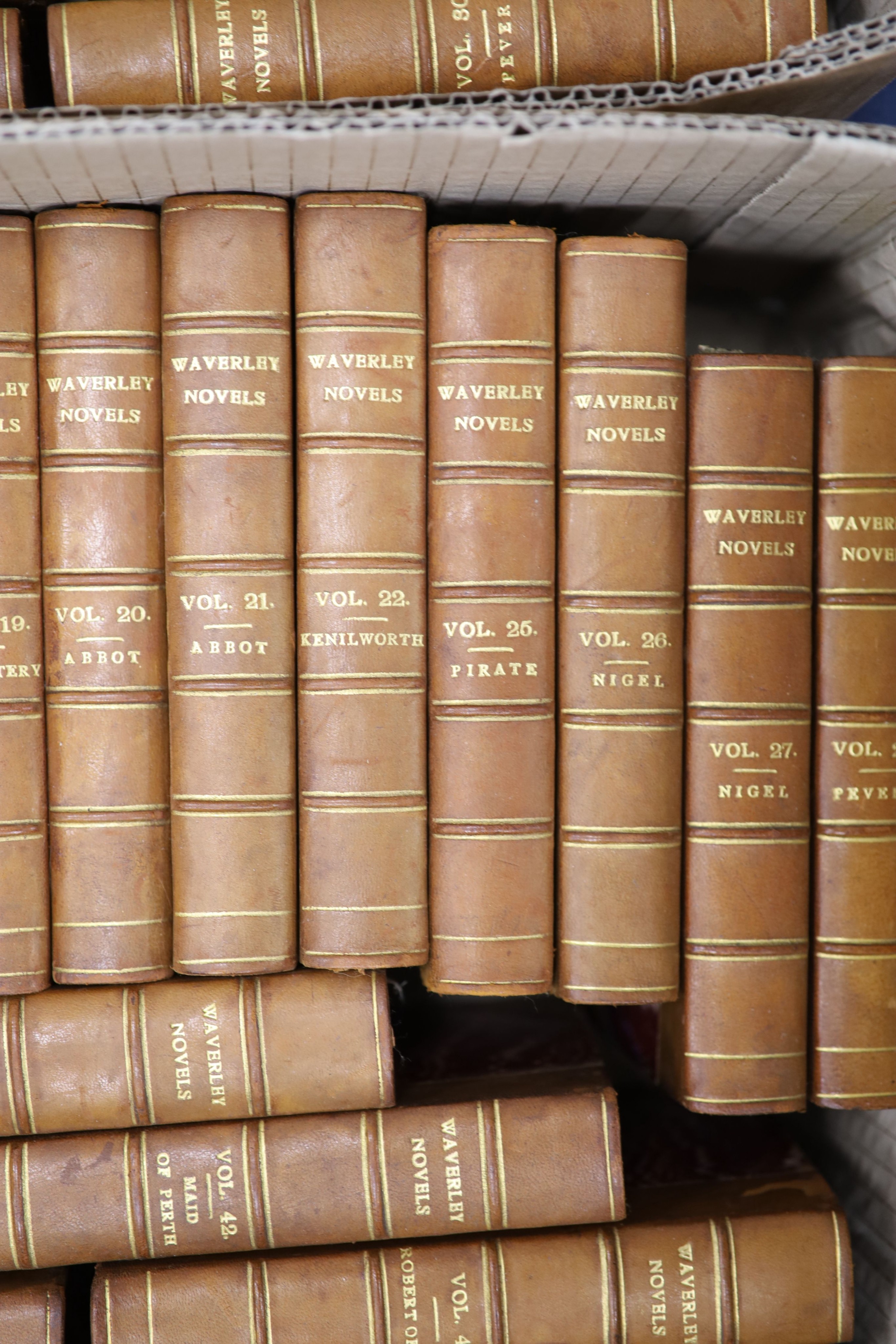 Anon. (Sir Walter Scott) - Waverly Novels. 48 vols. Each complete with an engraved frontispiece and title page vignette, with guards. Half calf and marble boards, gilt ruled and panelled spines with letters direct. Marbl